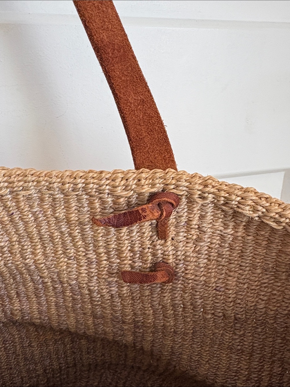 Woven Straw Tote Bag with Brown Leather Straps - Picture 6 of 9